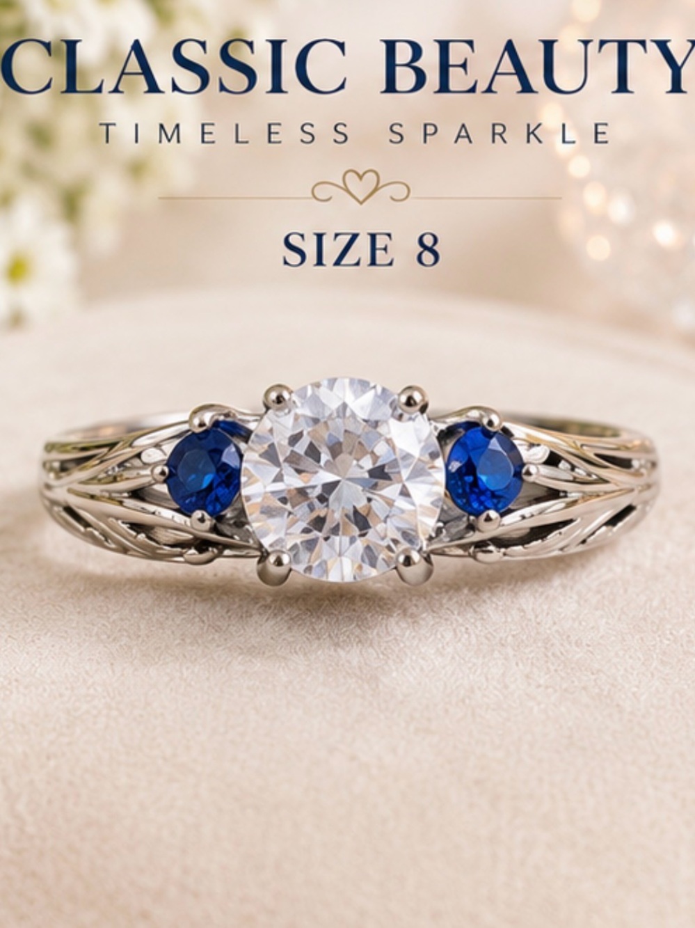VINTAGE INSPIRED ROUND SOLITAIRE BLUE ACCENT STONES IN SILVER-TONED SETTING SZ:8